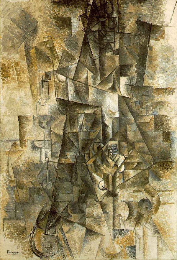  15. The Accordionist (1911) – Pablo Picasso. Bức tranh này là một ví dụ điển hình của lập thể phân tích, trong đó các hình dạng của người chơi accordion được phân tán thành các khối hình học với tông màu ảm đạm, tạo ra một hình ảnh trừu tượng của âm nhạc. Ảnh: Pinterest.