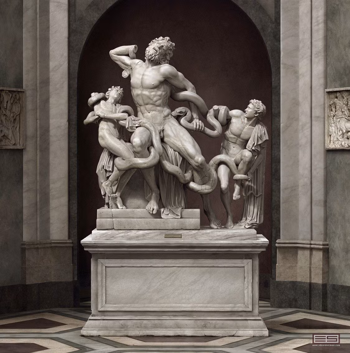  4. Tượng Laocoön và các con trai. Niên đại: Khoảng thế kỷ 1 TCN hoặc 1 SCN. Đặc điểm: Đây là một tác phẩm điêu khắc phức tạp mô tả Laocoön và hai người con trai của ông bị tấn công bởi các con rắn khổng lồ, thể hiện sự đau đớn và tuyệt vọng với kỹ thuật điêu khắc tinh xảo. Ảnh: Pinterest.