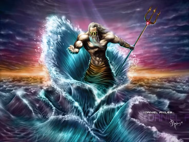  3. Poseidon - Thần của biển cả. Poseidon là em trai của Zeus và là vị thần cai quản biển cả, sông suối và động đất. Ông thường được miêu tả với cây đinh ba quyền năng. Poseidon là một vị thần đặc biệt quan trọng với những người Hy Lạp sống gần biển. Ảnh: Pinterest.