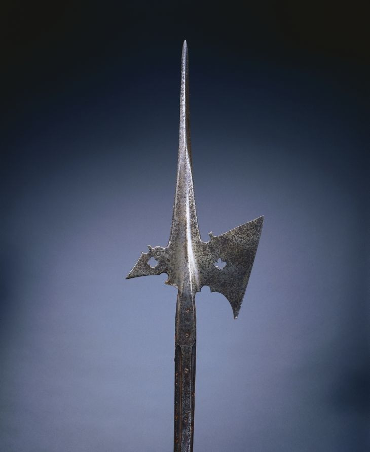  Halberd (Kích). Halberd là một vũ khí kết hợp giữa búa, mũi giáo và lưỡi rìu, cho phép người sử dụng đâm, chém và đập. Đây là vũ khí rất linh hoạt, được lính bộ binh sử dụng để chống lại kỵ binh và binh lính có giáp. Ảnh: Pinterest.