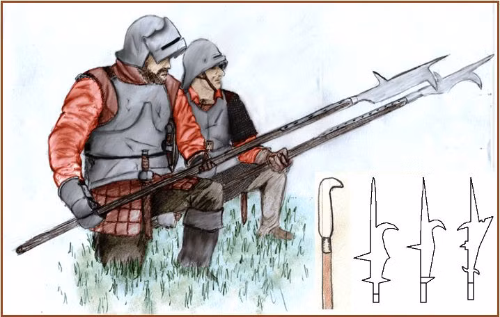  Billhook (Câu liêm). Một loại vũ khí cán dài có lưỡi dao hình lưỡi hái ở đầu. Billhook có thể dùng để chém hoặc kéo đối thủ từ trên ngựa xuống, rất hữu dụng trong các trận chiến quy mô lớn. Ảnh: Pinterest.