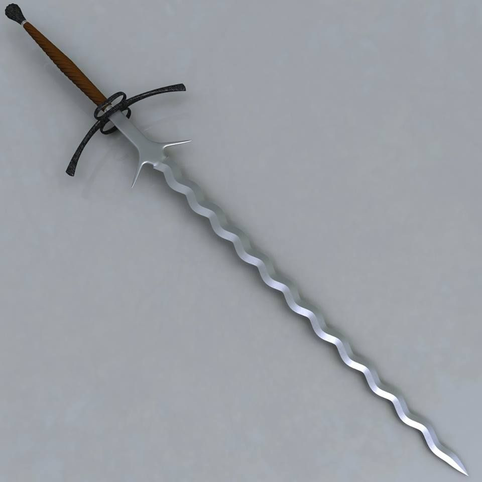  Flamberge (Kiếm lượn sóng). Đây là loại kiếm hai tay có lưỡi dạng lượn sóng. Thiết kế lượn sóng giúp tăng sức sát thương khi đâm và làm đối thủ khó đỡ kiếm hơn vì vết cắt lượn gây thêm tổn thương. Ảnh: Pinterest.