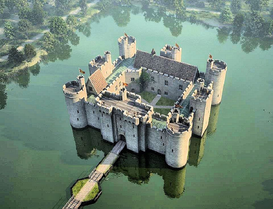  8. Lâu đài Bodiam (Anh). Lâu đài Bodiam mang vẻ đẹp cổ kính với kết cấu như một pháo đài. Được xây dựng vào thế kỷ 14, công trình này thường được coi là biểu tượng của thời kỳ Trung cổ châu Âu. Ảnh: Pinterest.