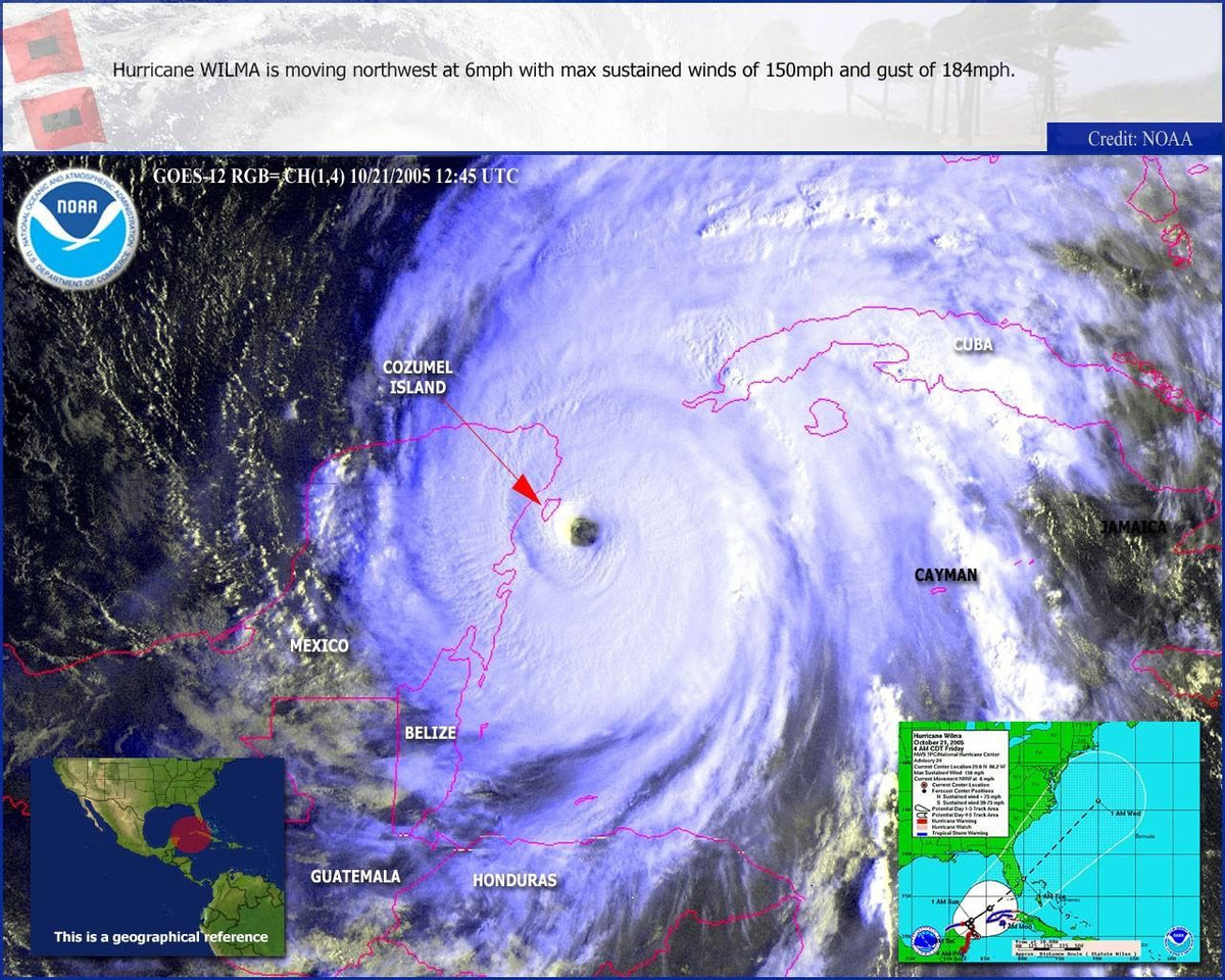  6. Bão Wilma (2005) - Sức gió tối đa: 295 km/h. Với áp suất thấp nhất từng được ghi nhận ở Đại Tây Dương, bão Wilma có sức tàn phá mạnh khi đi qua khu vực Caribbean và bang Florida. Ảnh: Pinterest.