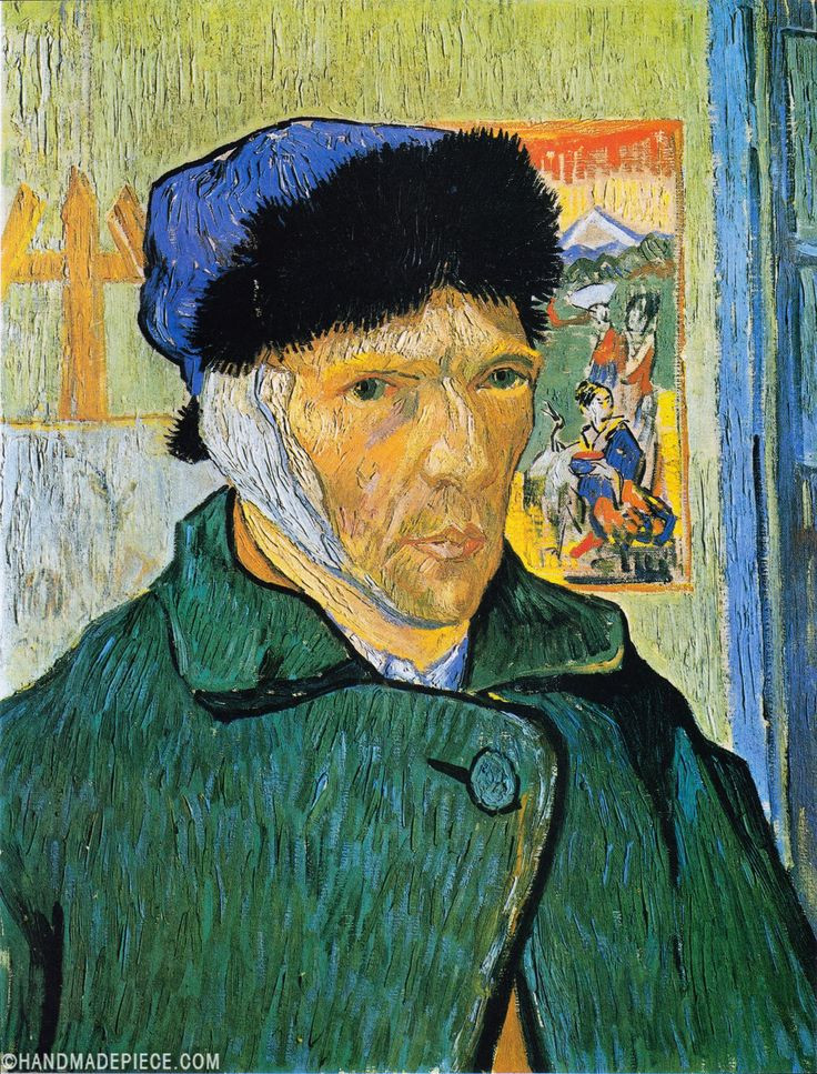  6. Self-Portrait with Bandaged Ear (Chân Dung Tự Họa Với Tai Băng Bó) (1889). Bức chân dung tự họa nổi tiếng nhất của Van Gogh, được vẽ sau khi ông tự cắt tai mình. Nét mặt và ánh mắt đầy sự đau khổ và tự vấn, làm nổi bật tâm trạng bấp bênh của ông lúc bấy giờ. Ảnh: Pinterest.