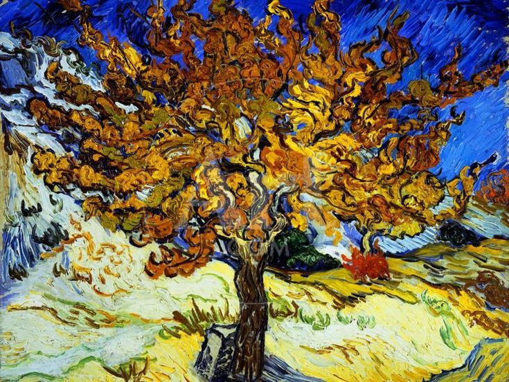  11. The Mulberry Tree (Cây Dâu Tằm) (1889). Tác phẩm này là một minh chứng cho khả năng của Van Gogh trong việc sử dụng màu sắc để tạo ra sự sống động và cảm xúc, với cây dâu tằm vàng rực rỡ giữa bối cảnh mùa thu. Ảnh: Pinterest.