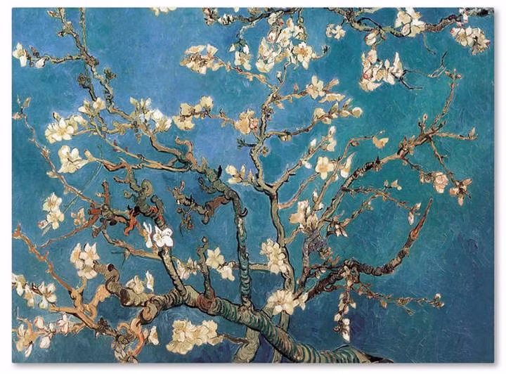  7. Almond Blossoms (Hoa Hạnh Nhân) (1890). Bức tranh tươi sáng này được Van Gogh vẽ để chào đón sự ra đời của cháu trai, với hoa hạnh nhân nở rộ trên nền trời xanh. Đây là biểu tượng của hy vọng và sự tái sinh. Ảnh: Pinterest.