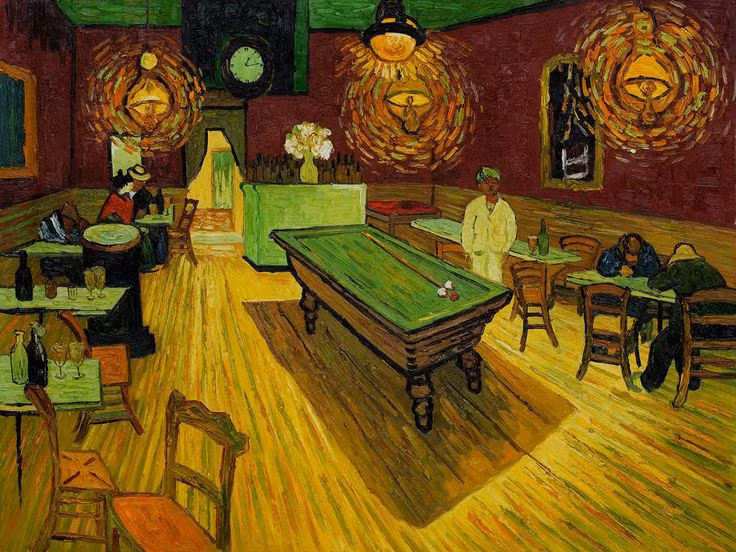  9. The Night Café (Quán Cà Phê Ban Đêm) (1888). Bức tranh này miêu tả một quán cà phê với ánh sáng chói lóa và không gian trống trải, được xem như sự biểu hiện của sự cô đơn và sự suy tàn của xã hội. Ảnh: Pinterest.