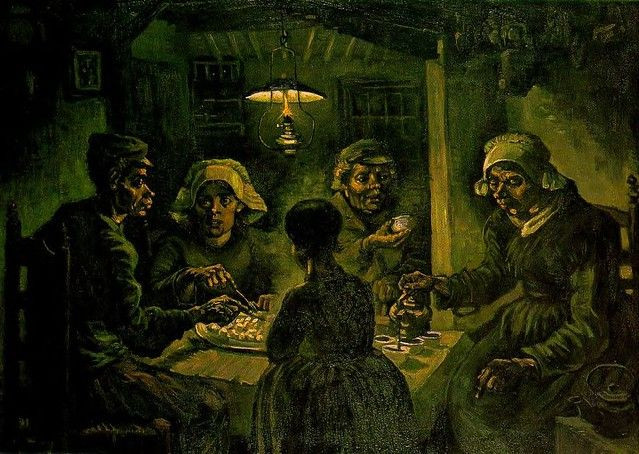  5. The Potato Eaters (Những Người Ăn Khoai Tây) (1885). Đây là một trong những tác phẩm đầu tiên của Van Gogh, thể hiện cuộc sống lao động của người nông dân với tông màu u ám và những gương mặt chân thật, biểu lộ sự khắc nghiệt của đời sống. Ảnh: Pinterest.