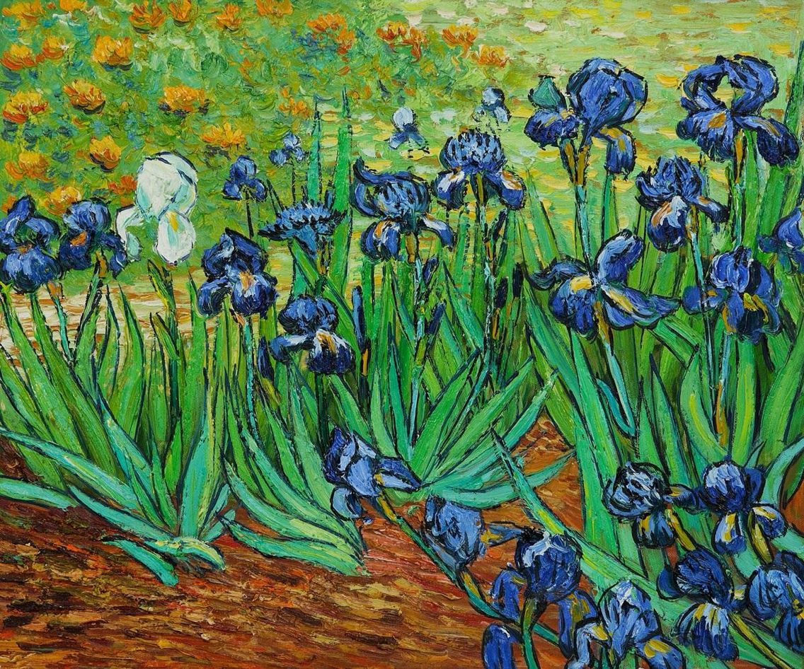  4. Irises (Hoa Diên Vĩ) (1889). Van Gogh vẽ "Irises" khi đang ở trong viện tâm thần. Tác phẩm này đầy sức sống, với các bông hoa xanh tím được vẽ với nét cọ mạnh mẽ nhưng tinh tế. Ảnh: Pinterest.