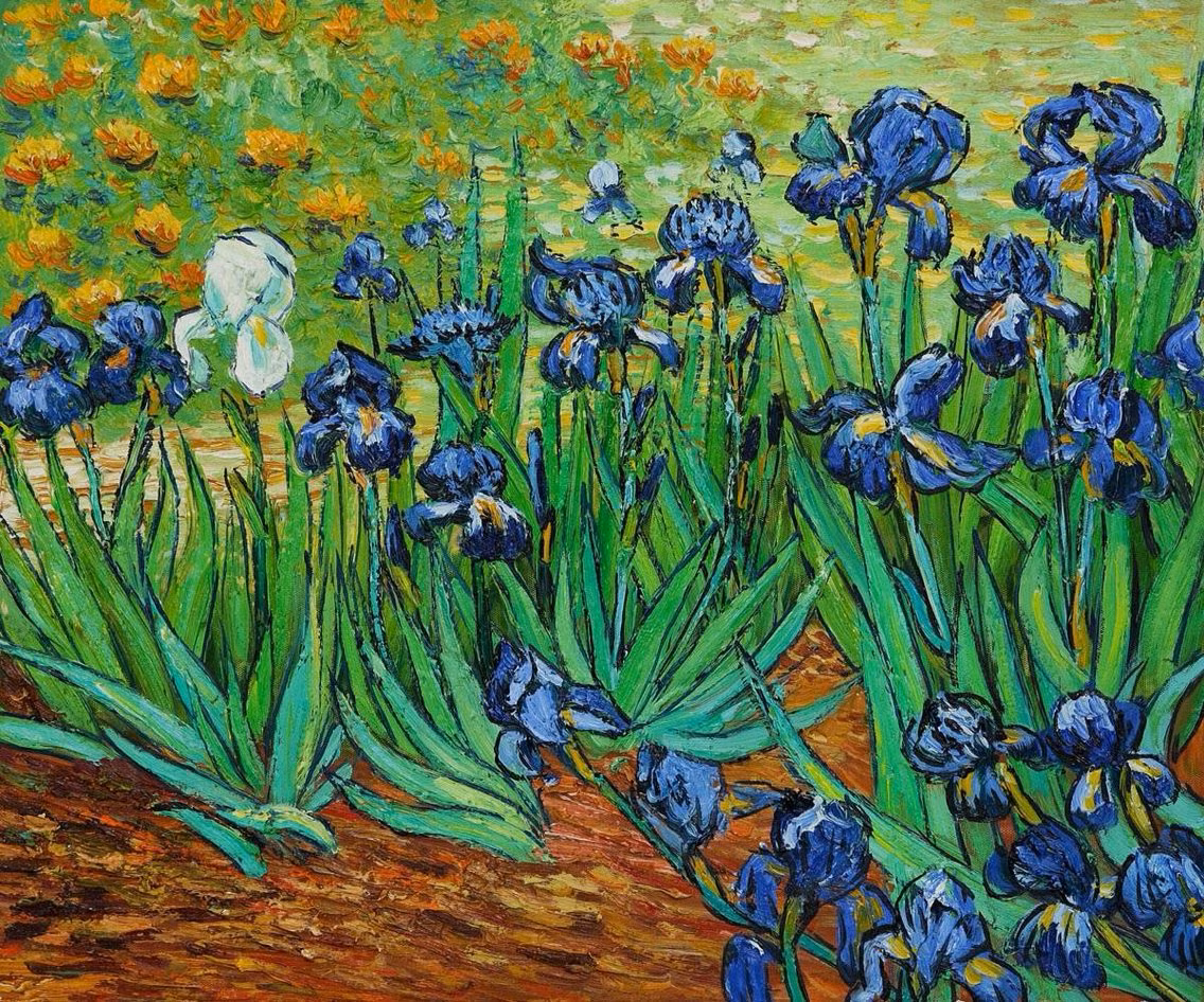  4. Irises (Hoa Diên Vĩ) (1889). Van Gogh vẽ "Irises" khi đang ở trong viện tâm thần. Tác phẩm này đầy sức sống, với các bông hoa xanh tím được vẽ với nét cọ mạnh mẽ nhưng tinh tế. Ảnh: Pinterest.