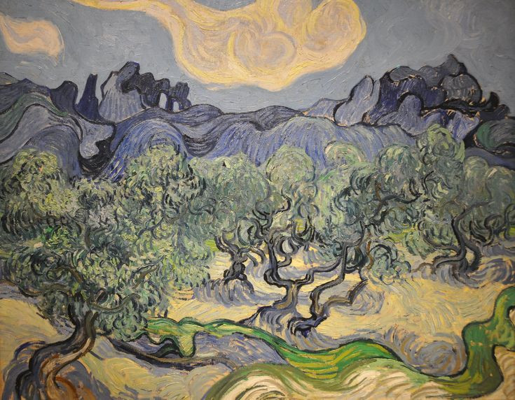  13. Olive Trees (Cây Ôliu) (1889). Van Gogh rất yêu thích cảnh quan thiên nhiên và đặc biệt bị cuốn hút bởi những cây ôliu. Bức tranh này với những cành cây xoắn và màu sắc tươi sáng là một ví dụ điển hình cho phong cách của ông. Ảnh: Pinterest.