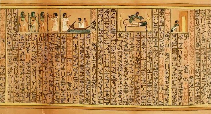  Sách Người Chết ("Book of the Dead"). Đây là một tập hợp thần chú và hình vẽ hướng dẫn linh hồn trong thế giới bên kia, được lưu lại trên giấy papyrus, cung cấp những kiến thức quý giá về tín ngưỡng của người Ai Cập cổ đại. Ảnh: Pinterest.