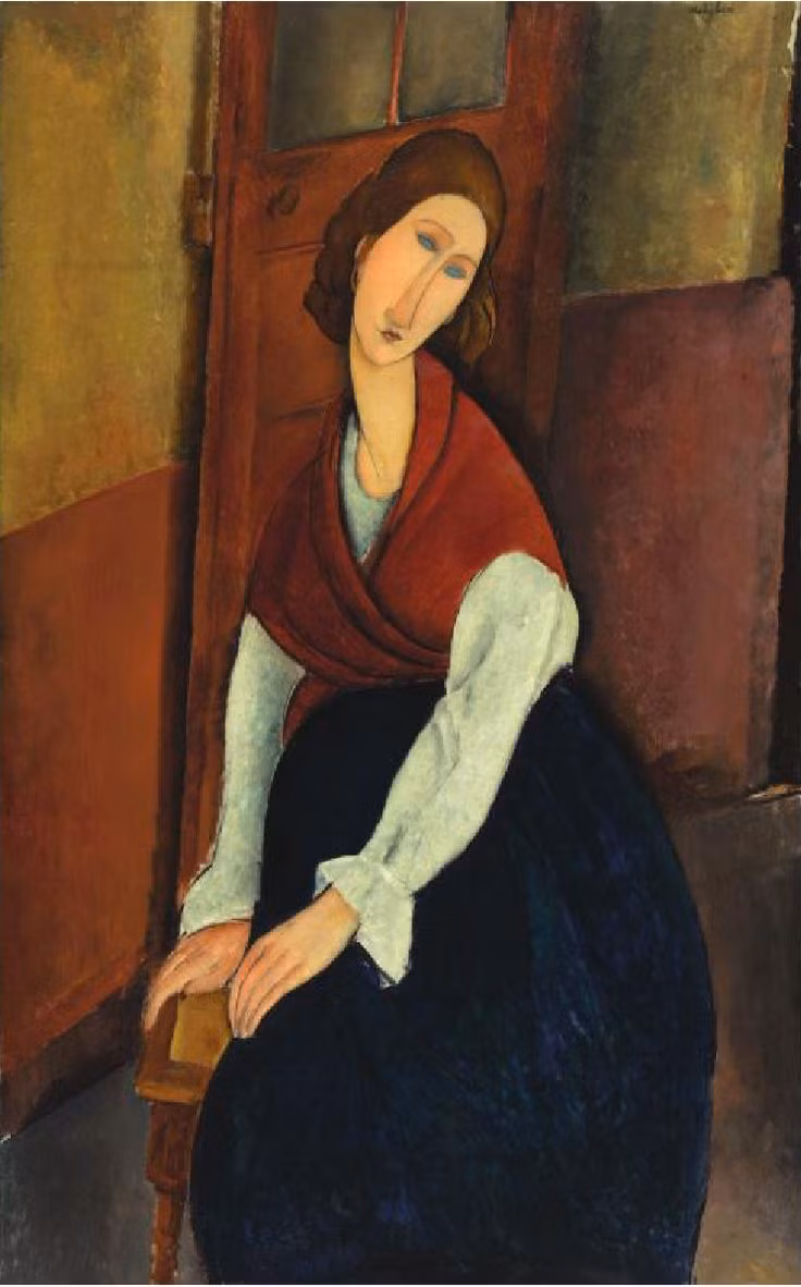  14. "Jeanne Hébuterne" - Amedeo Modigliani (1919). Đây là một trong những bức chân dung nổi tiếng của Modigliani, khắc họa người tình của ông, Jeanne Hébuterne, với những đường nét thanh thoát và sự dịu dàng trong biểu cảm. Ảnh: Pinterest.