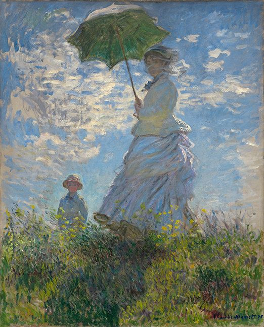  7. "Woman with a Parasol" - Claude Monet (1875). Đây là một trong những tác phẩm tiêu biểu của trường phái Ấn tượng, miêu tả một người phụ nữ (vợ của Monet) đang che ô trên cánh đồng, ánh sáng và gió được thể hiện tinh tế. Ảnh: Pinterest.