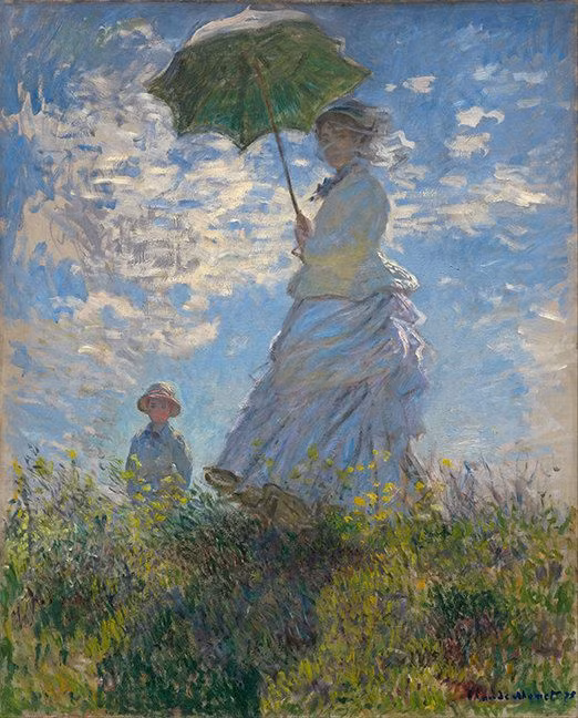  7. "Woman with a Parasol" - Claude Monet (1875). Đây là một trong những tác phẩm tiêu biểu của trường phái Ấn tượng, miêu tả một người phụ nữ (vợ của Monet) đang che ô trên cánh đồng, ánh sáng và gió được thể hiện tinh tế. Ảnh: Pinterest.