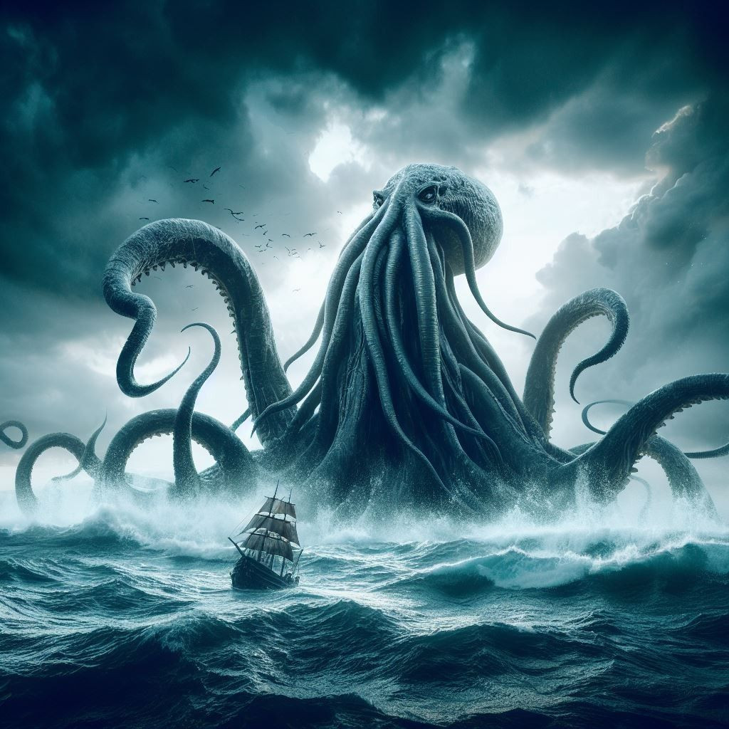  13. Kraken. Miêu tả: Một sinh vật biển khổng lồ sống trong vùng biển sâu. Sức mạnh: Có thể hủy diệt những con tàu lớn và khả năng tạo ra các đợt sóng khổng lồ. Ảnh: Pinterest.