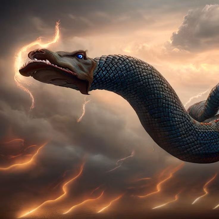  1. Jörmungandr. Miêu tả: Là con rắn khổng lồ bao quanh thế giới Midgard. Jörmungandr là con của Loki khổng lồ và nữ Angrboda. Theo lời tiên tri Ragnarok, nó sẽ đối đầu với thần Thor trong trận chiến cuối cùng. Sức mạnh: Gây ra sóng thần và động đất. Hơi thở và chất độc của nó cực kỳ nguy hiểm. Ảnh: Pinterest.