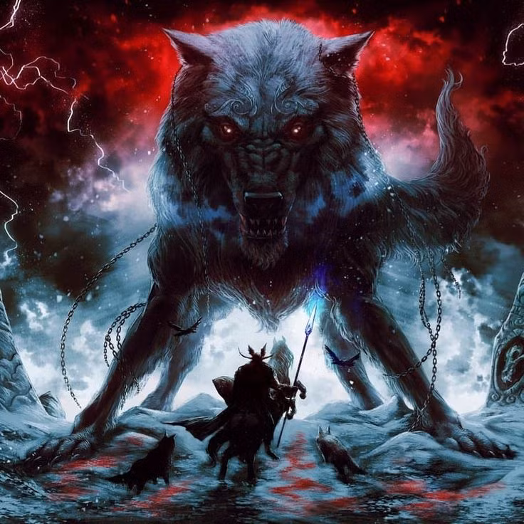 2. Fenrir. Miêu tả: Một con sói khổng lồ, cũng là con của Loki và Angrboda. Fenrir bị thần Odin bắt giam vì nó được tiên tri sẽ giết Odin trong Ragnarok. Sức mạnh: Có khả năng nuốt chửng cả mặt trời và trói buộc các vị thần trong sự sợ hãi. Ảnh: Pinterest.