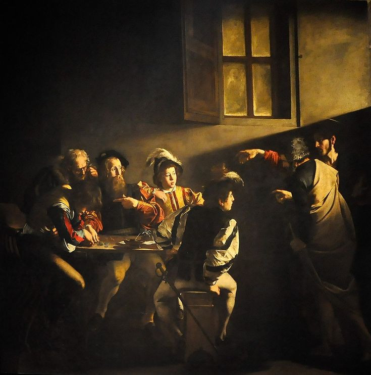  4. Caravaggio (1571–1610). Caravaggio là một trong những họa sĩ nổi bật của thời kỳ Baroque, được biết đến với việc sử dụng ánh sáng và bóng tối mạnh mẽ (chiaroscuro) để tạo nên những cảnh tượng sống động và kịch tính. Tác phẩm nổi bật của ông là Sự Kêu Gọi của Thánh Matthew. Ảnh: Pinterest.