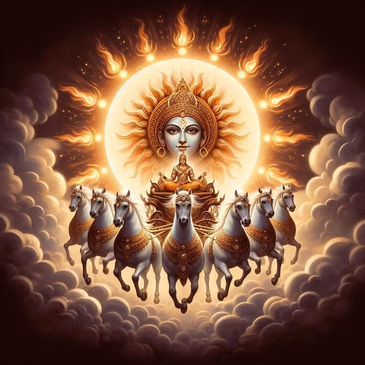  13. Surya – Thần Mặt Trời. Surya là thần mặt trời và được coi là nguồn sống, ánh sáng và năng lượng. Surya thường được thờ cúng vào buổi sáng bởi những người cầu nguyện cho sức khỏe và thịnh vượng. Ông được miêu tả cưỡi xe ngựa kéo bởi bảy con ngựa tượng trưng cho bảy ngày trong tuần. Ảnh: Pinterest.Ảnh: Pinterest.
