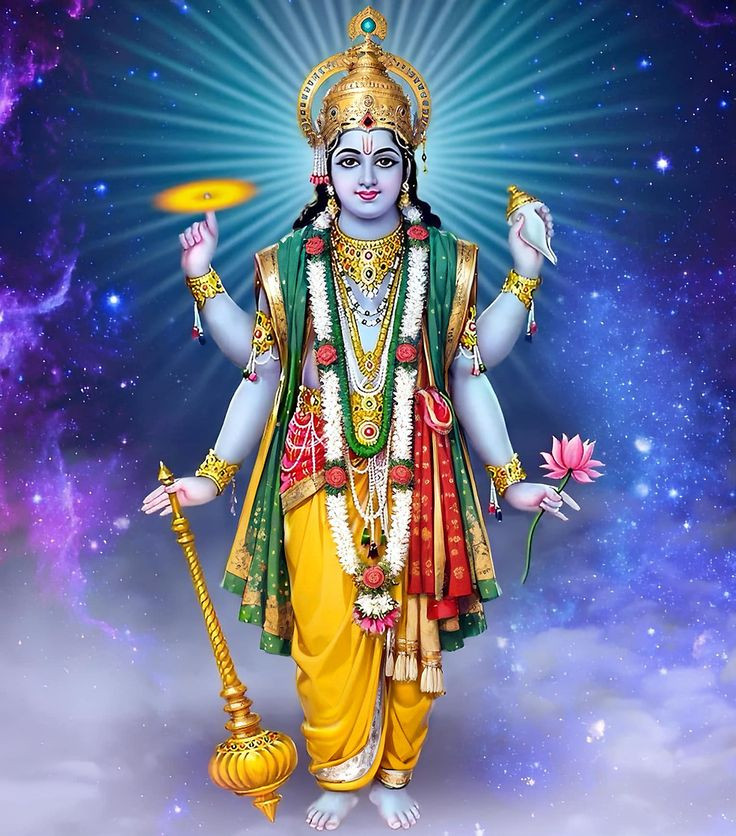  2. Vishnu – Thần Bảo hộ. Vishnu là vị thần của sự bảo hộ, duy trì và bảo vệ thế giới. Ông thường được miêu tả với màu da xanh dương, cầm vũ khí và biểu tượng như đĩa chakra, hoa sen. Vishnu thường hiện thân thành các hóa thân (avatar), nổi tiếng nhất là Rama và Krishna. Ảnh: Pinterest.Ảnh: Pinterest.
