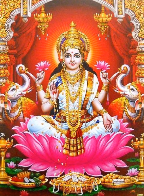  4. Lakshmi – Nữ thần của sự Giàu có và Thịnh vượng. Lakshmi là vợ của Vishnu và là nữ thần của sự thịnh vượng, giàu có và may mắn. Bà thường được thờ cúng vào dịp lễ Diwali và được miêu tả đứng trên một hoa sen, với những đồng tiền vàng rơi ra từ tay. Ảnh: Pinterest.Ảnh: Pinterest.