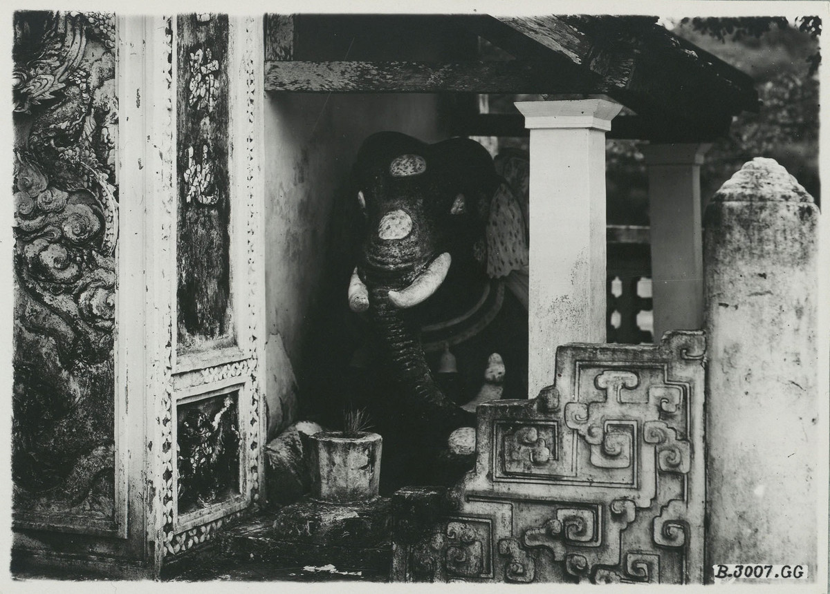 Hai bên nghi môn có hai gian nhỏ có mái che, bên trong đặt tượng voi quỳ - nguồn gốc tên gọi đền Voi Phục. Đền còn tên gọi khác là đền Linh Lang.