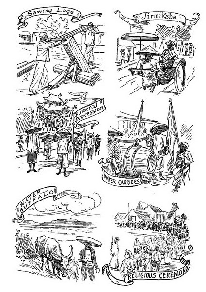 Từ trái qua phải, từ trên xuống dưới: Thợ xẻ gỗ/ Người kéo xe tay/ Cảnh đưa ma/ Vận chuyển nước/ Trâu/ Nghi lễ tôn giáo.