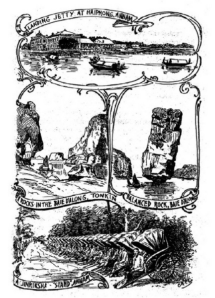 Từ trên xuống dưới: Cầu tàu ở cảng Hải Phòng/ Các đảo đá ở vịnh Hạ Long/ Những người kéo xe tay ở An Nam.