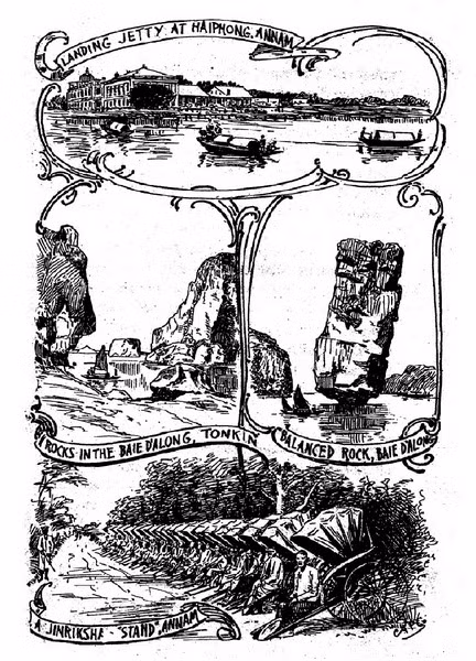 Từ trên xuống dưới: Cầu tàu ở cảng Hải Phòng/ Các đảo đá ở vịnh Hạ Long/ Những người kéo xe tay ở An Nam.
