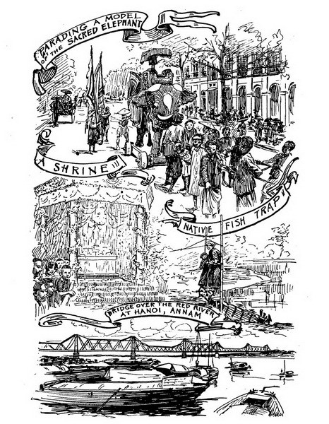 Từ trên xuống dưới: Mô hình voi được rước trong một buỗi lễ/ Một điện thờ/ Bẫy cá của người bản xứ/ Cầu Long Biên trên sông Hồng, Hà Nội.