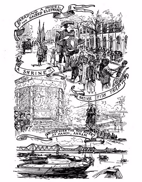 Từ trên xuống dưới: Mô hình voi được rước trong một buỗi lễ/ Một điện thờ/ Bẫy cá của người bản xứ/ Cầu Long Biên trên sông Hồng, Hà Nội.