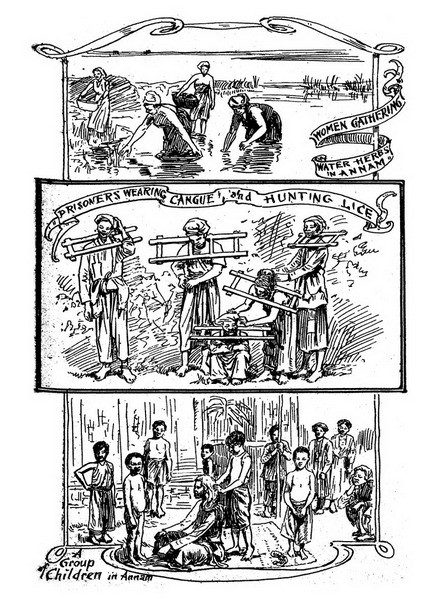 Từ trên xuống dưới: Những người phụ nữ nhặt rau muống trên ruộng/ Các phạm nhân bị đeo gông ở cổ/ Một nhóm trẻ em An Nam.