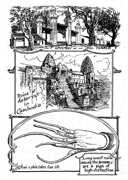 Từ trên xuống dưới: Cổng chùa Láng ở Hà Nội/ Phế tích Angkor wat ở Campuchia/ Để móng tay dài không cắt là một cách thể hiện đẳng cấp của dân An Nam.