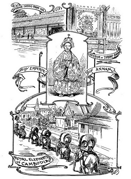 Từ trên xuống dưới: Bên trong và bên ngoài điện Thái Hòa, nơi đặt ngai vàng của vua ở Hoàng thành Huế/ Hoàng thái hậu Từ Dũ/ Đàn voi của Hoàng gia Campuchia.