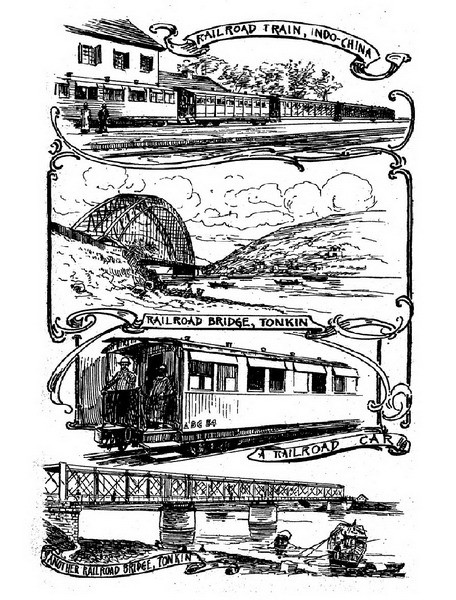 Từ trên xuống dưới: Đường sắt Đông Dương/ Cầu đường sắt ở Bắc Kỳ/ Một toa tàu/ Một cầu đường sắt khác ở Bắc Kỳ.