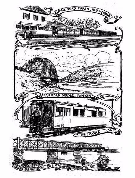 Từ trên xuống dưới: Đường sắt Đông Dương/ Cầu đường sắt ở Bắc Kỳ/ Một toa tàu/ Một cầu đường sắt khác ở Bắc Kỳ.