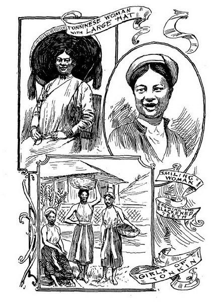 Từ trên xuống dưới: Phụ nữ Bắc Kỳ đội nón quai thao/ Nụ cười "răng đen" của một phụ nữ/ Một nhóm phụ nữ Bắc Kỳ.