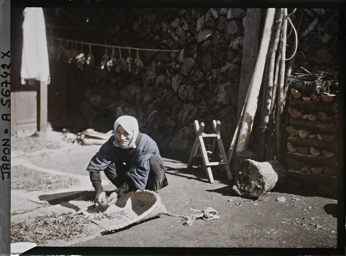 Cụ bà bận rộn trên sân nhà.