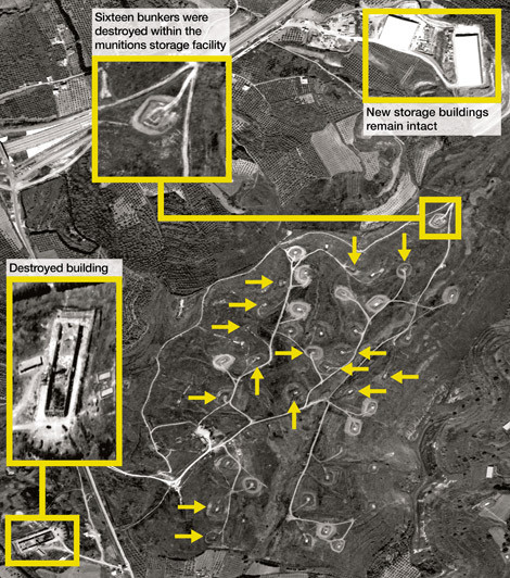 Ảnh vệ tinh vị trí bị phá hủy và 2 công sự mới được xây dựng còn nguyên vẹn có thể là nơi chứa bệ phóng tên lửa Yakhont của hệ thống Bastion P.