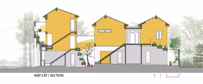 Các kiến trúc sư đã thiết lập 2 cây cầu làm cầu nối giao thông giữa các khối nhà. Một cầu làm bằng bê tông nối giữa khu vực nghỉ ngơi và phòng làm việc ở tầng 2, một cây cầu bằng thép màu vàng kết nối khu vực thờ tự với bên ngoài.
