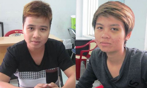 Đối tượng Trang (trái, kẻ dùng dao đâm chết anh Nghĩa) và Tuyền tại CQĐT.