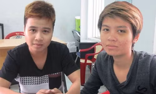 Đối tượng Trang (trái, kẻ dùng dao đâm chết anh Nghĩa) và Tuyền tại CQĐT.