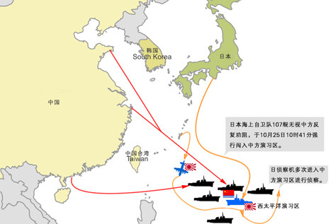 Ảnh sơ đồ tàu chiến và máy bay Nhật Bản hoạt động gần khu vực tập trận mà báo chí Trung Quốc công bố.