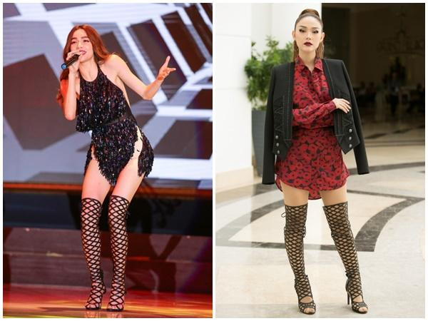 Minh Hằng gây tranh cãi với bộ cánh mix&amp;match hơi mất điểm vì đi tất da chân kết hợp với boots lưới hở mũi. Items này từng được Hồ Ngọc Hà sử dụng trước đó nhưng giúp cô ghi điểm tuyệt đối khi khoe trọn đôi chân dài miên man.