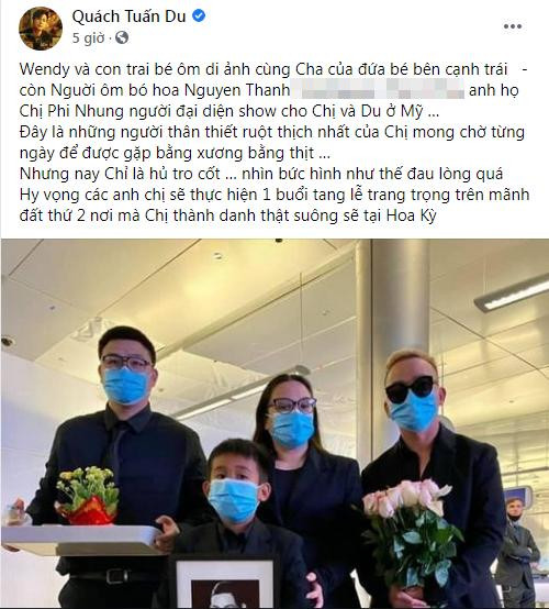 Cho tới mới đây, ca sĩ Quách Tuấn Du chia sẻ thêm một hình ảnh của Wendy từ sân bay Los Angeles. Đó là khoảnh khắc con gái Phi Nhung chụp với quản lý cố ca sĩ tại Mỹ, cũng chính là quản lý Quách Tuấn Du tại thị trường hải ngoại này.
