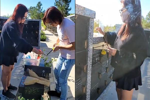 Đồng hành cùng vợ chồng Việt Hương là nghệ sĩ Phương Loan - vợ của cố nghệ sĩ Chí Tài. Cô mặc một bộ đồ tối màu rất thoải mái khi đến thắp nhang cho người bạn đời suốt 30 năm của mình.