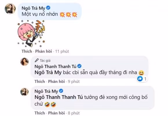 Dưới bình luận, Ngô Trà My đã bình luận: "Một vụ nổ lớn". Sau đó, Thanh Tú nhắn chị gái chuẩn bị sẵn quà đầy tháng cho cháu. Và Ngô Trà My tiếp tục thắc mắc: "Tưởng đẻ xong mới công bố chứ".