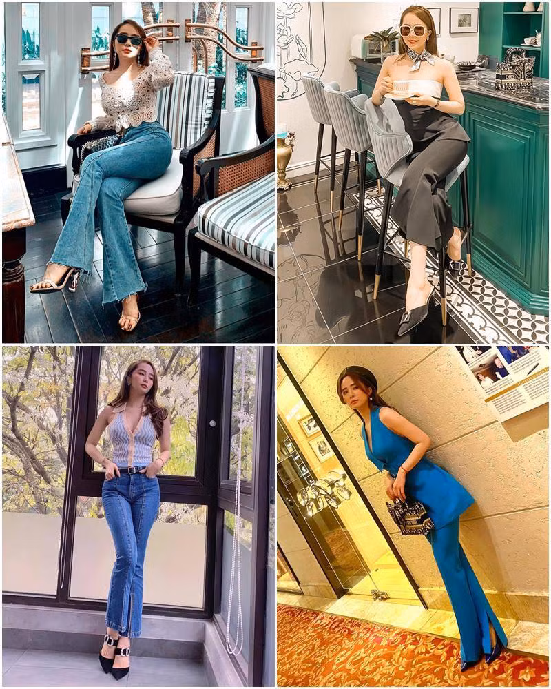 Là một tín đồ sành mốt, Quỳnh Nga luôn biết cách biến hóa cho vẻ ngoài thêm ấn tượng bằng lối mix&amp;match đa dạng từ màu sắc cho tới chất liệu trang phục dù chỉ trung thành cùng một kiểu quần ống loe. Điểm chung của chúng là đều có thể giúp "tình tin đồn" của Việt Anh biến hóa chiều cao lên 1,8m ấn tượng.